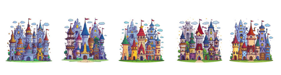 Fantasy medieval castle or mansion vector cartoon illustration set for children, Generative AI