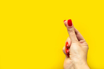 Closeup view of female hand forming gesture money. Isolated on bright yellow background.