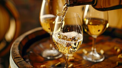Elegant white wine pouring into glasses from a wooden barrel - obrazy, fototapety, plakaty