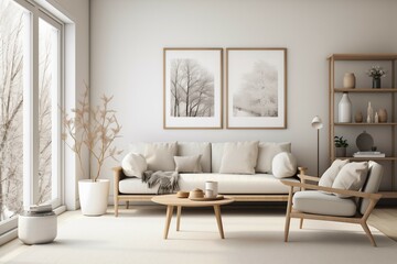 Interior design of a serene Scandinavian living room blending clean lines, muted tones, and natural materials to evoke a sense of tranquility and sophistication.