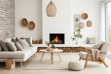 Interior design of a serene Scandinavian living room blending clean lines, muted tones, and natural materials to evoke a sense of tranquility and sophistication.
