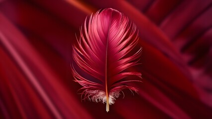 Vibrant red feather, elegantly isolated against a background. The feather appears to be from a tropical bird
