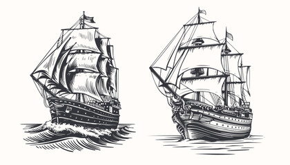 ships are sailing in the ocean in vintage sketch style, Generative AI