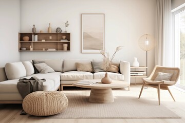 Interior design of a serene Scandinavian living room blending clean lines, muted tones, and natural materials to evoke a sense of tranquility and sophistication.