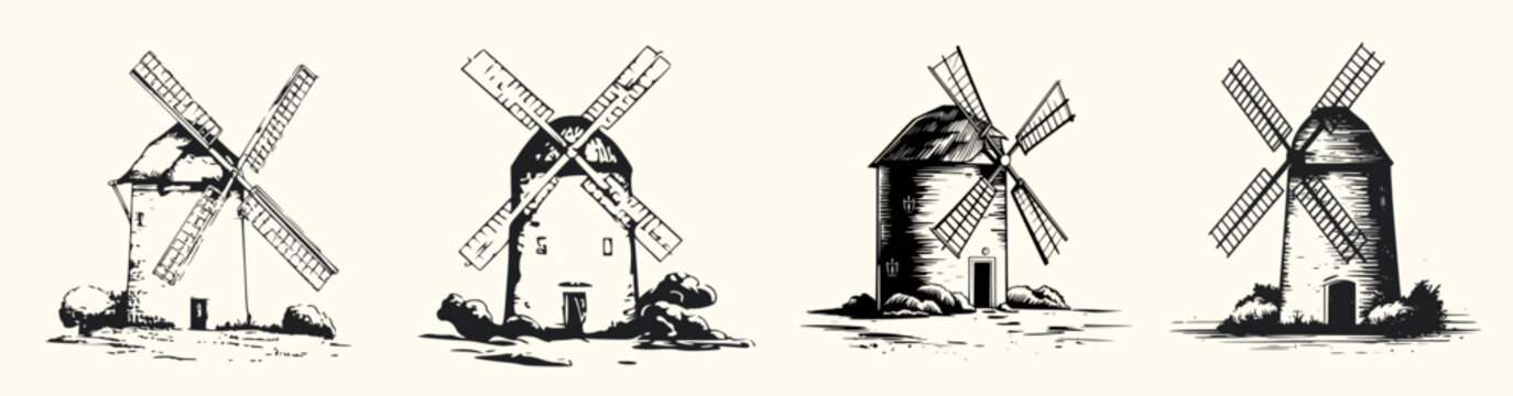 Set of windmills in vintage sketch style, Generative AI
