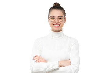 Young woman in white turtleneck sweater, wearing glasses, looking at camera with happy smile,...