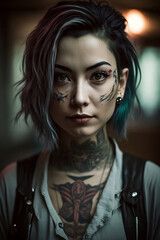 Portrait of a tattooed young woman with unique hairstyle indoors