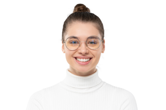 Young woman wearing glasses and white turtleneck sweater, smiling happily at camera