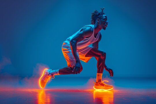 In motion. Portrait of athletic african-american male basketball player 