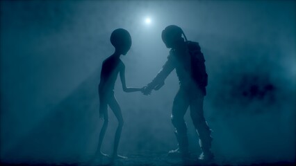 Astronaut meets a grey alien and shakes his hand.