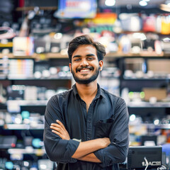 indian man electronic store owner standing confidently