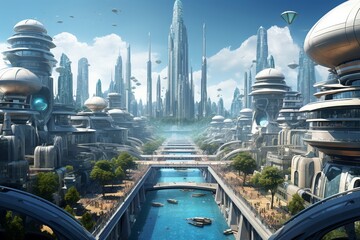 A futuristic cityscape teeming with sleek, metallic structures and advanced technology, evoking a sense of wonder and awe 