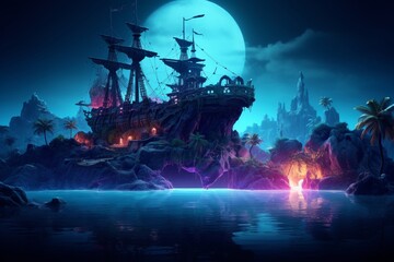 A mysterious island inhabited by pirates and adorned with bronze sculptures under neon lights