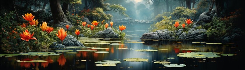 A serene pond surrounded by lush green plants and vibrant orange flowers - obrazy, fototapety, plakaty