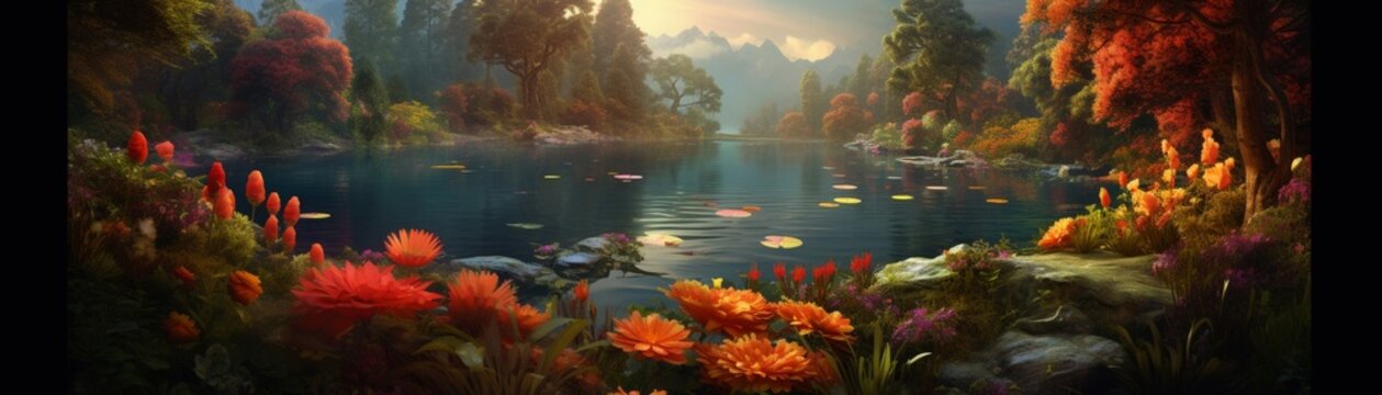 A serene pond surrounded by lush green plants and vibrant orange flowers 