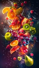 Explosion of colorful fruit splashes into the air 
