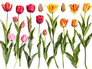 Set of branches of blooming tulips, colorful and bright