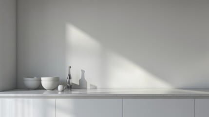 Fototapeta na wymiar Sleek minimalist kitchen with stark white surfaces against a soft grey background, close-up view in high resolution captures the pristine cleanliness and subtle contrast