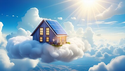ein Haus mit solar Dach auf Wolken.