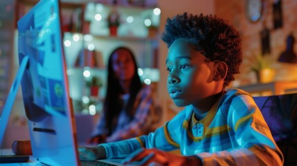 A Kid Engaged in Computer Learning - obrazy, fototapety, plakaty
