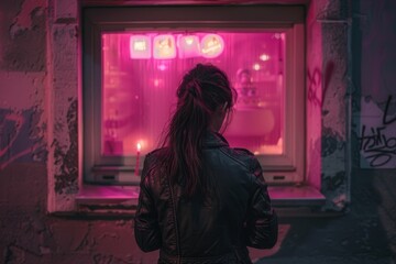 Stylish woman in black leather jacket looking at pink window on urban street, back view at night