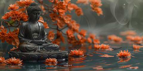 Buddha's Tranquil Meditation by a Teal-Orange Lake with Psychedelic Lotus Flowers