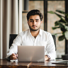 young handsome indian man using laptop