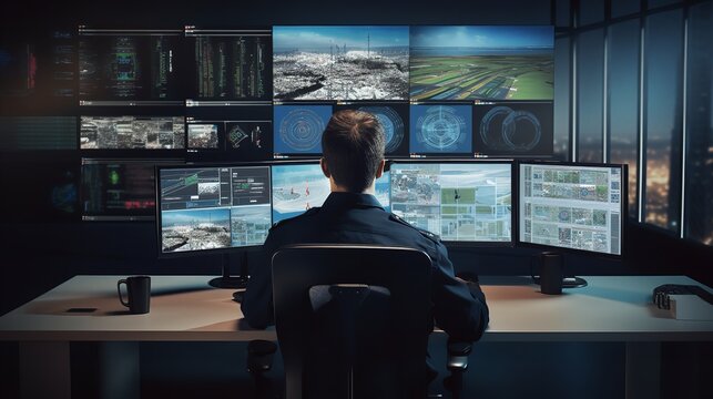 Security Guards in Security Control Room with Monitors

