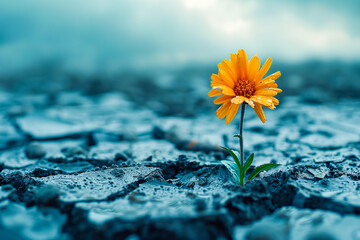 Single flower blooms defiantly on parched, cracked earth, symbolizing hope amidst climate change