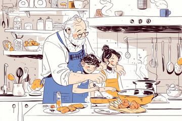 Grandpa cooking for his grand children, Generative Ai
