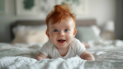 Cute baby ginger hair close up crawling on bed smiling