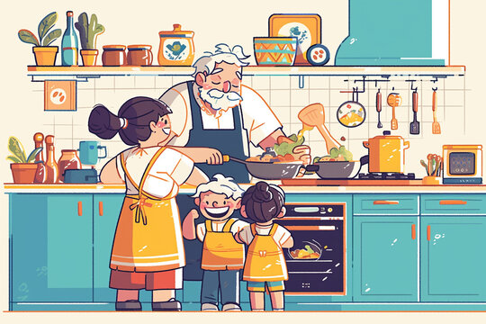 Grandpa cooking for his grand children, Generative Ai