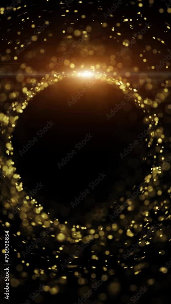 Poster loop golden particles circle copy space vertical background.