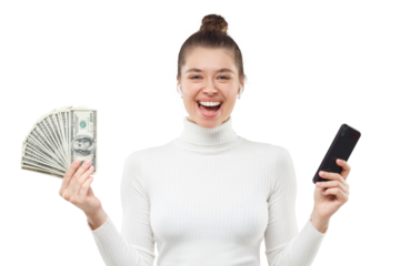 Young woman winner holding 100 dollar notes in cash in one hand and phone in another, feeling excited about prize in lottery
