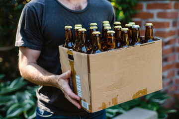 Man holding case of beer bottles outside shop. Young man preparing for party, buy beer package