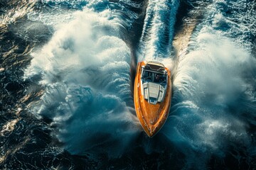 Aerial view of a speed boat making a turn in the ocean