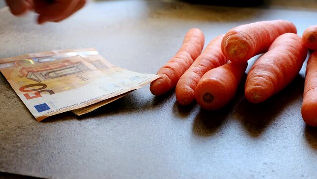 fresh carrots and euro banknotes on brown background in close-up