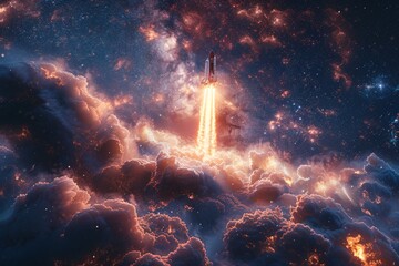 A rocket with a light explosion takes off and takes off into space in the starry sky