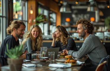 Colleagues gather in cozy kitchenette, chatting over coffee and sandwiches