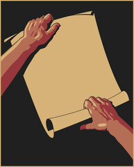 Hands holding Paper Sheet, Scroll. Advertising Poster Template 