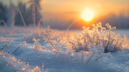 Frosty Dawn Melody: Ice Crystals Meet Morning Light. Concept Winter Wonderland, Frosty Mornings, Icy Landscapes, Nature Photography, Sunrise Scenery