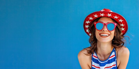 Young Woman Dressed on a Red white and Blue for the 4th of July on a Blue Background with Space for Copy