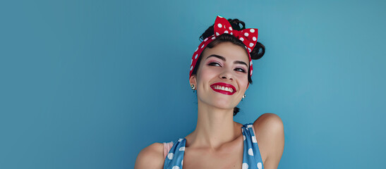 1920s Pinup Model Dressed on a Red white and Blue for the 4th of July on a Blue Background with Space for Copy
