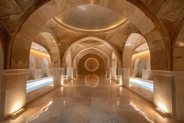 Long hallway with a stone ceiling and a long bench. Hammam background 
