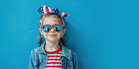 Cute Girl Wearing Sunglasses and Dressed for the 4th of July on a Blue Background with Space for Copy