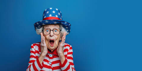 Surprised Old Lady Dressed for the 4th of July on a Blue Background with Space for Copy