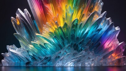 Ice sculpture reflecting rainbow light abstract background.