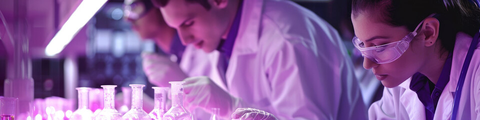 A group of scientists in lab coats are conducting experiments and analyzing data in a research...