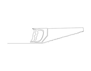 Continuous line drawing of hacksaw. One line of saw for wood. Carpenter concept continuous line art. Editable outline.