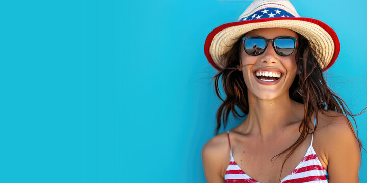 Young Woman Dressed on a Red white and Blue for the 4th of July on a Blue Background with Space for Copy - Powered by Adobe